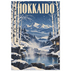 Hokkaido lettering above snowy birch trees, distant mountains and a steaming rocky hot spring beside a wooden shelter.