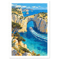 Sea arch in golden cliffs above turquoise water, with a white passenger boat, foamy wake and green coastal trees.