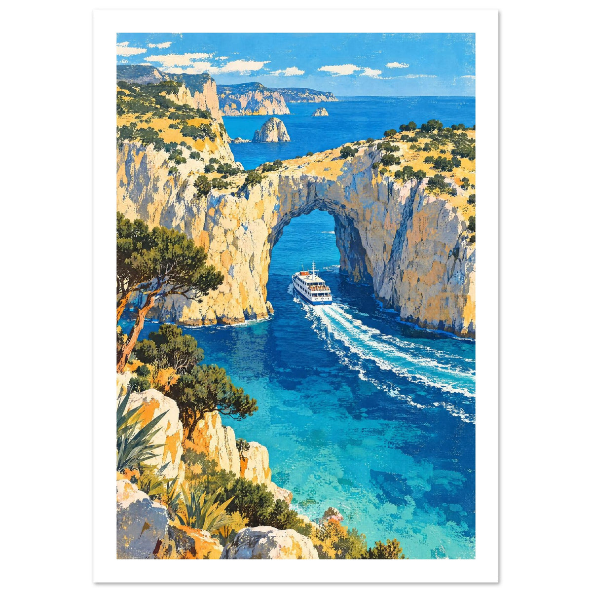Sea arch in golden cliffs above turquoise water, with a white passenger boat, foamy wake and green coastal trees.