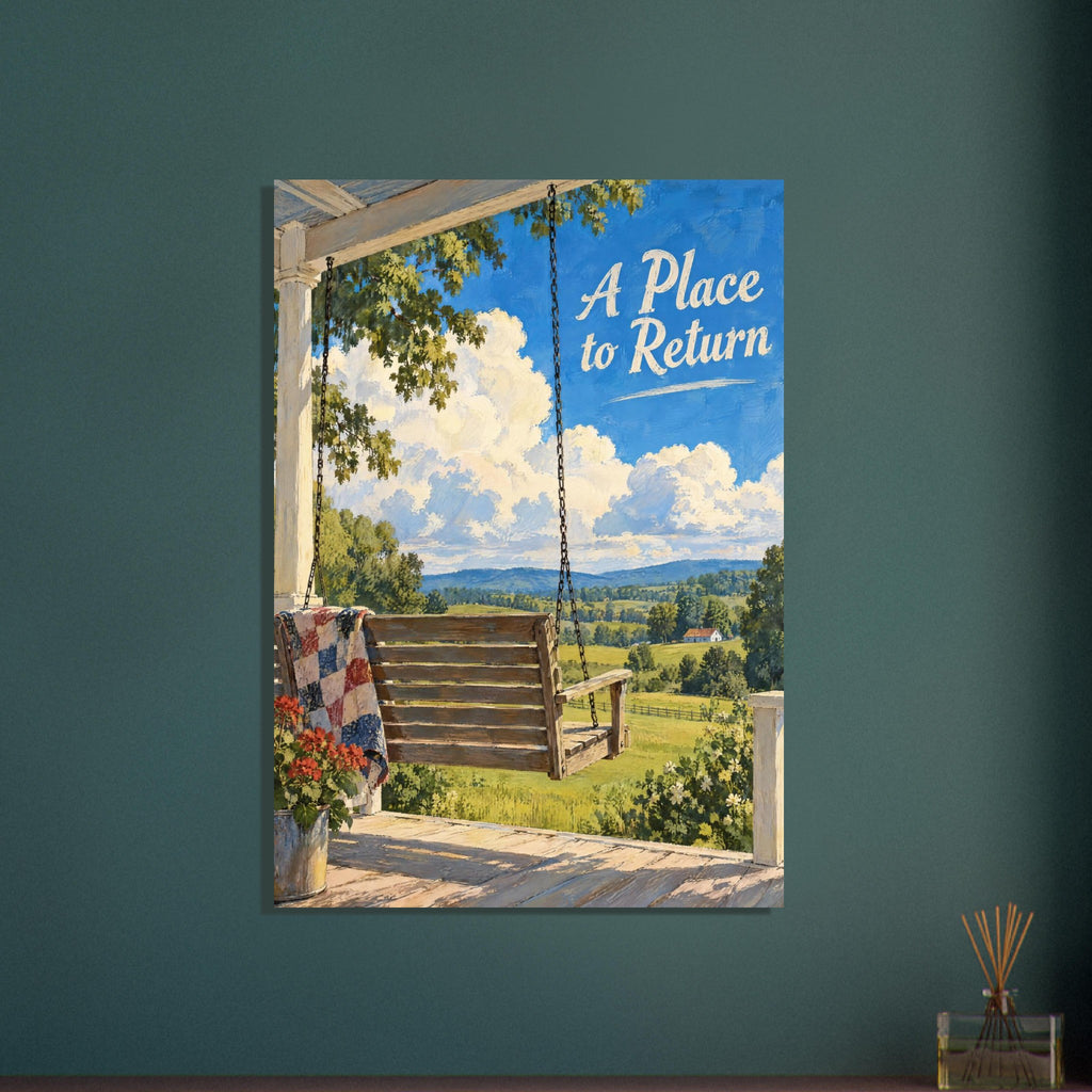 Wooden porch swing with a patchwork quilt overlooking green fields under blue skies, with ‘A Place to Return’ lettering.