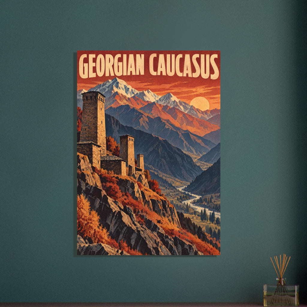 Stone watchtowers above a winding mountain river, with snowy peaks, an orange sky and Georgian Caucasus lettering.