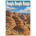 Bungle Bungle Range poster with striped orange rock domes, scattered vegetation, blue sky and large cream lettering.