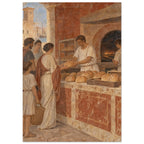 Baker handing bread to a woman beside waiting customers, with loaves on a counter and a brick oven behind.