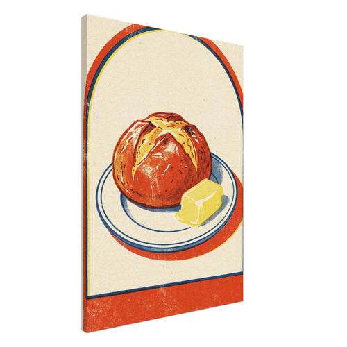 Round loaf and yellow butter on a blue-rimmed plate, with an orange-red arch border and textured cream background.