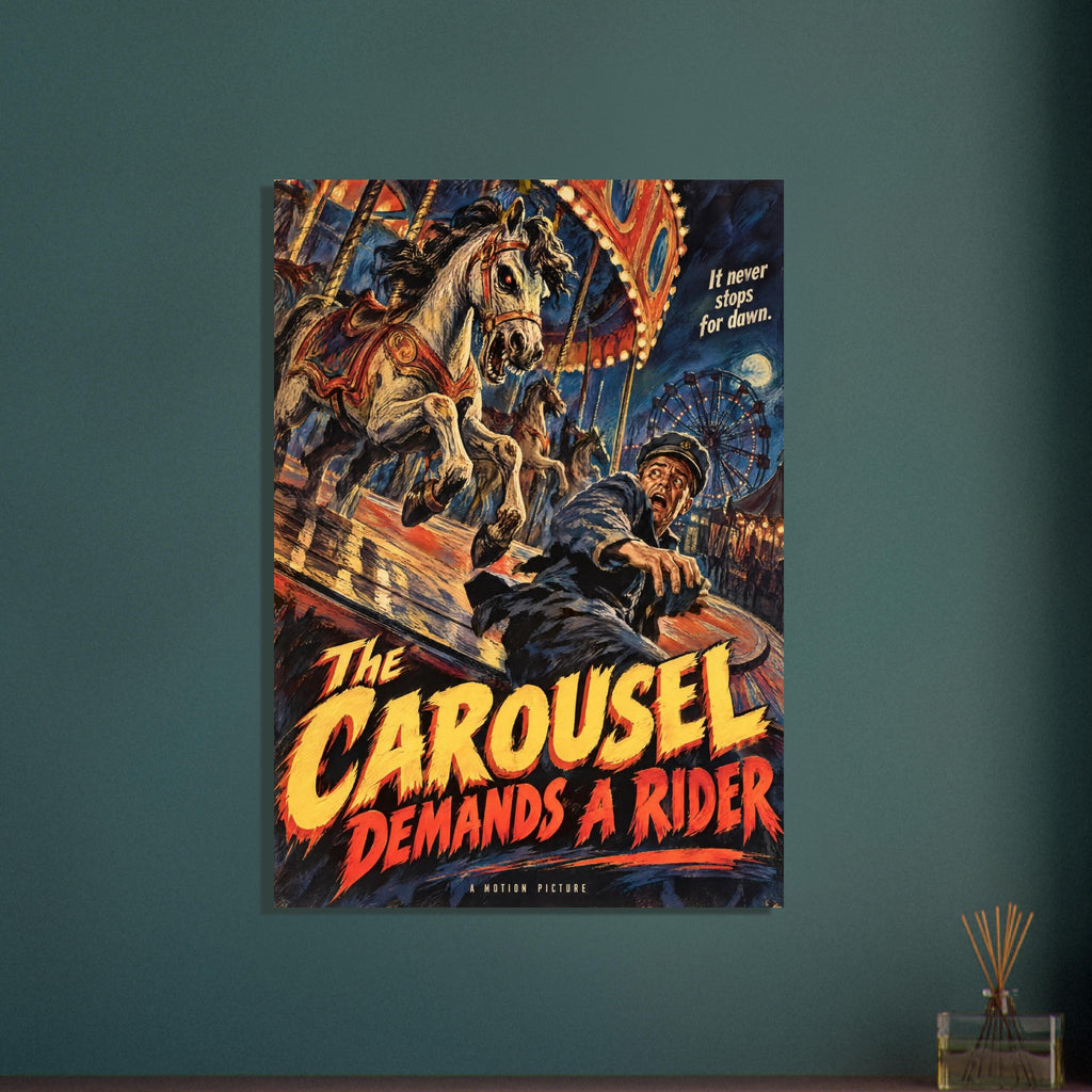 Snarling carousel horse above a terrified man, with a Ferris wheel and bold lettering reading The Carousel Demands a Rider.