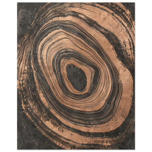 Irregular copper-toned concentric rings with distressed edges surrounding a dark centre on a textured charcoal background.