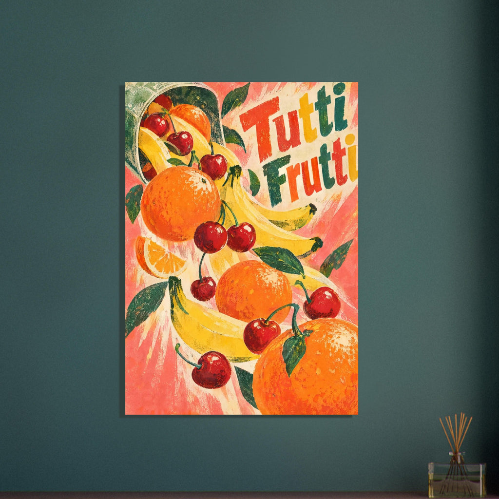 Oranges, bananas, red cherries and green leaves on a textured pink and cream background with colourful Tutti Frutti lettering