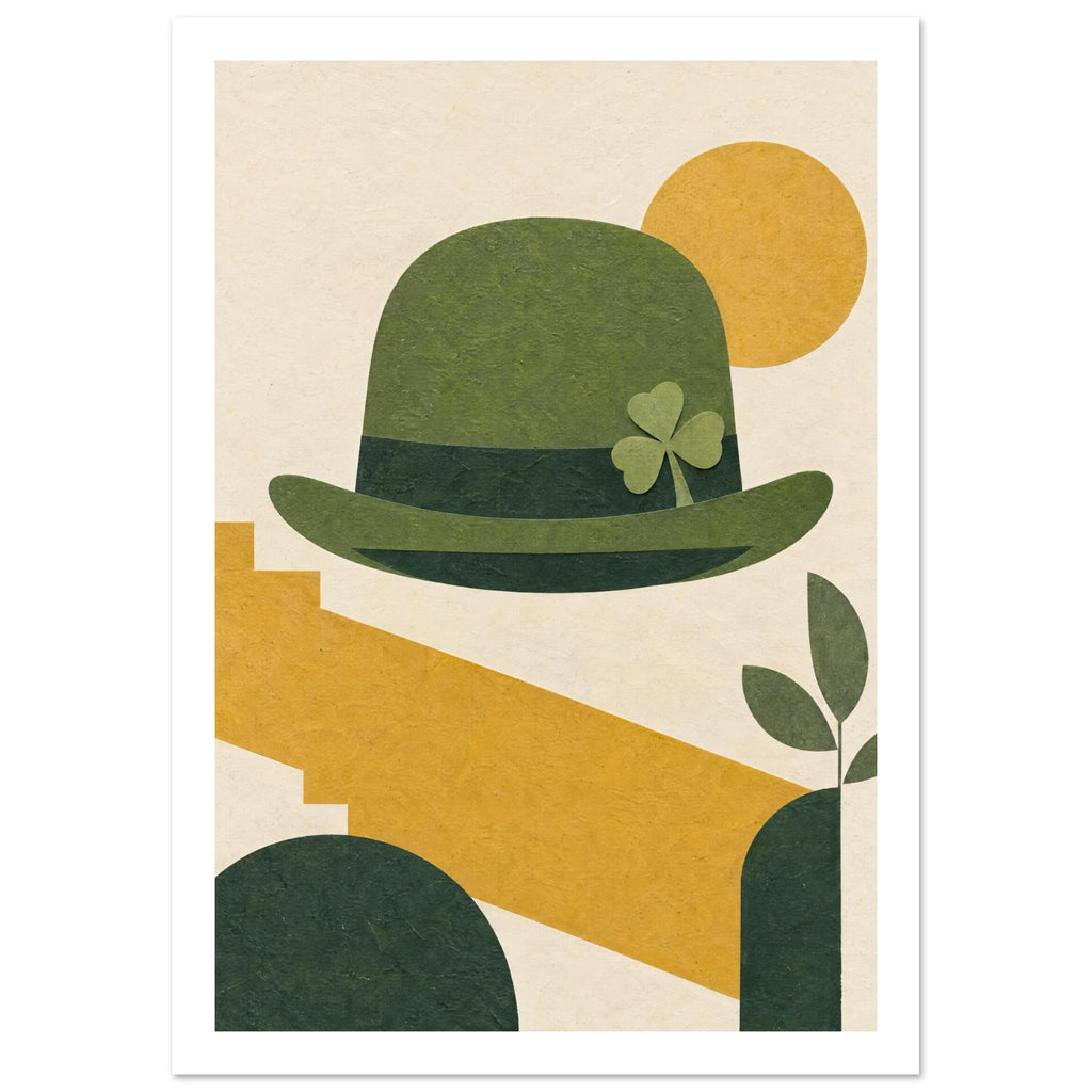 Green hat with a shamrock and dark band, surrounded by mustard geometric shapes and green leaves on a cream background.