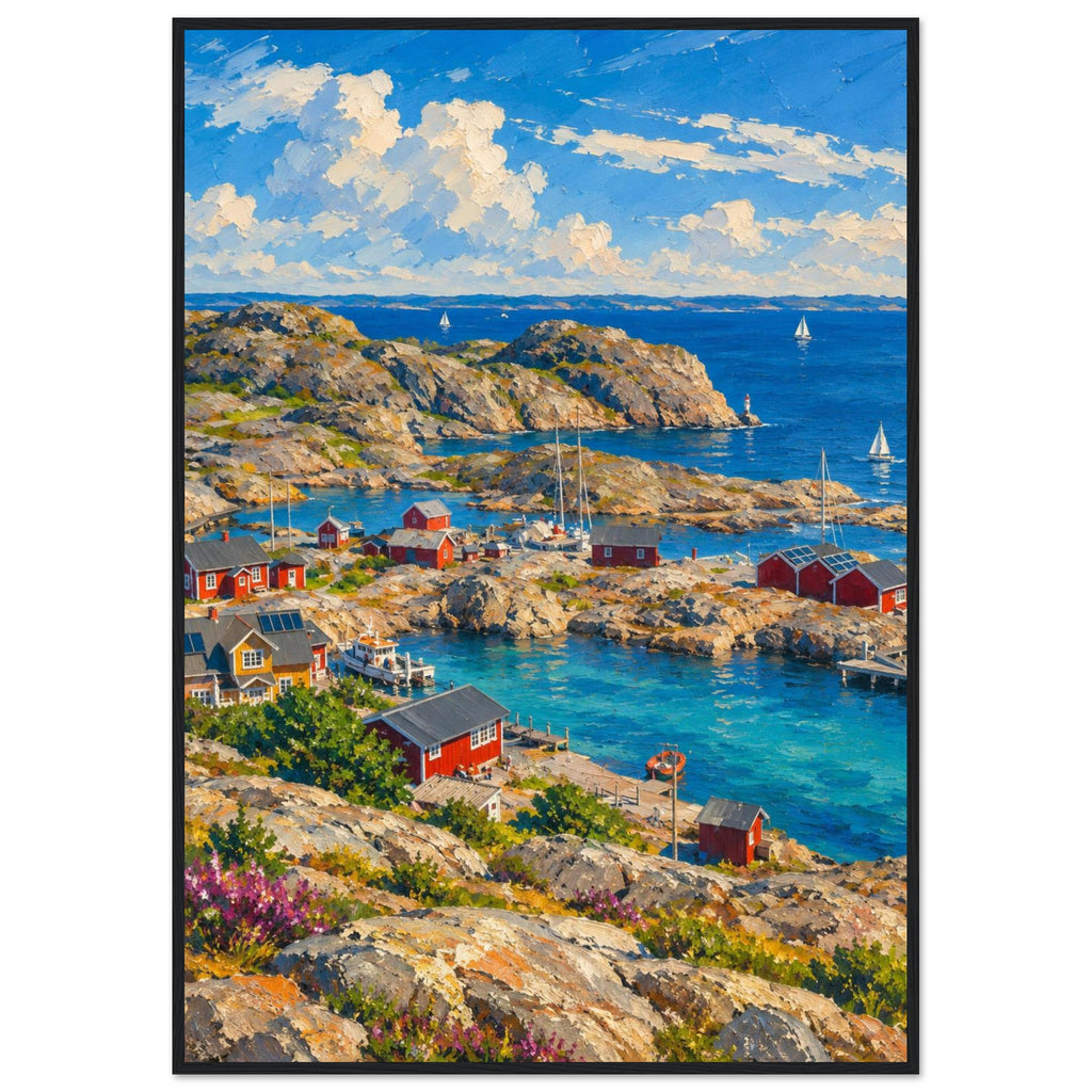 Rocky harbour with red cabins, wooden jetties and sailboats on blue water beneath cream clouds, with flowers in front.