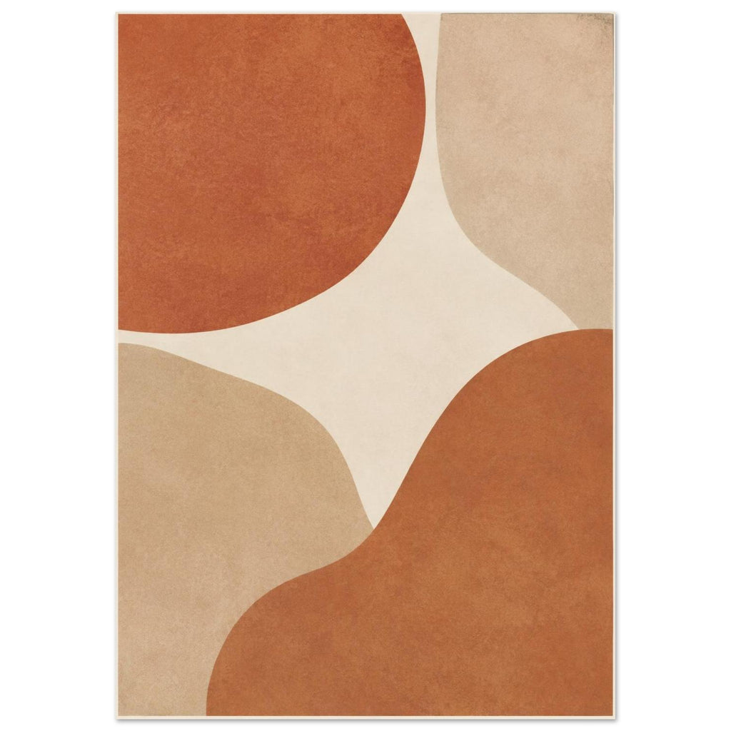 Abstract burnt orange and beige curved shapes on a cream background, with mottled texture and a narrow cream border.