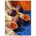 Three whole purple figs and two cut halves on cream fabric and a blue surface, with an orange background and textured brushwo