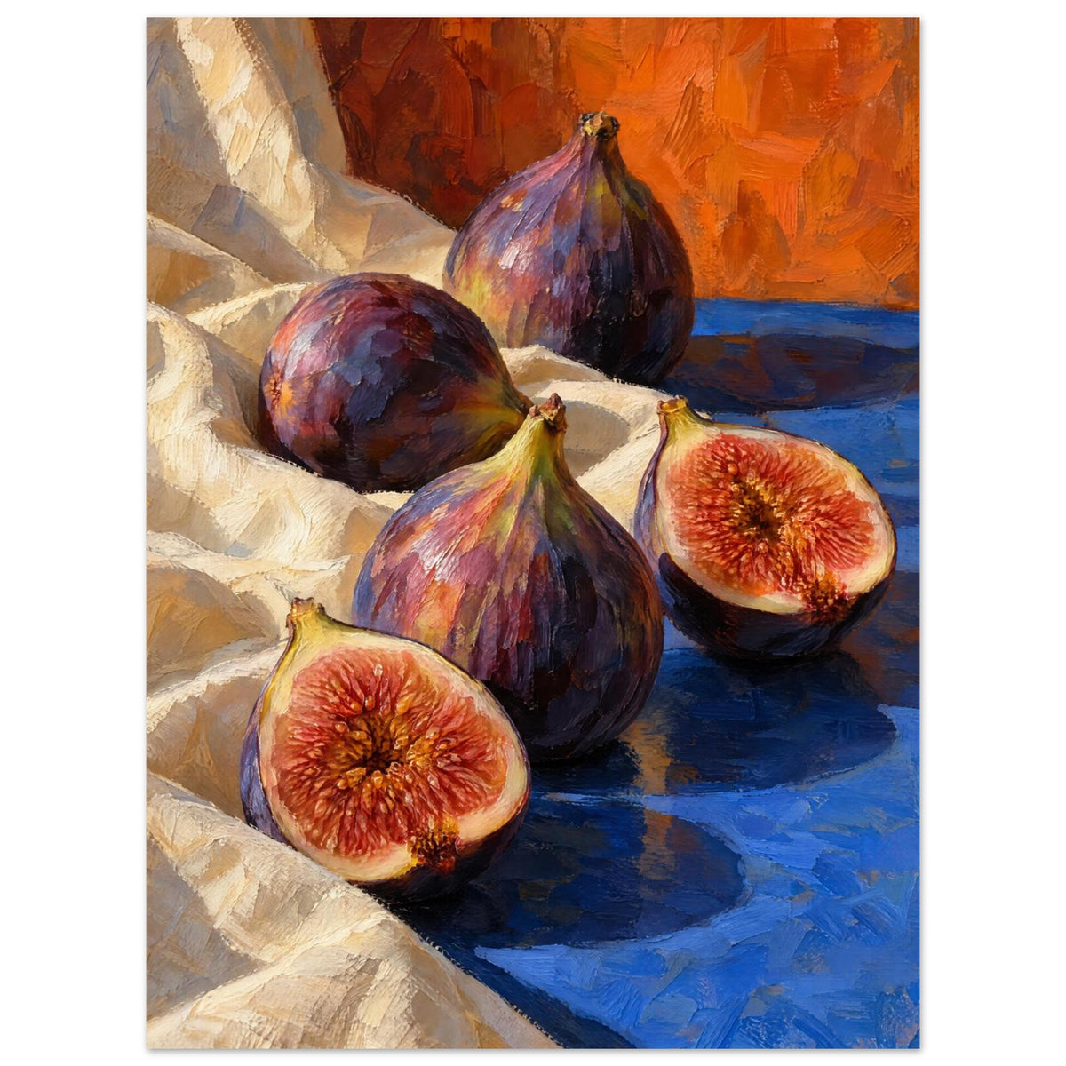 Three whole purple figs and two cut halves on cream fabric and a blue surface, with an orange background and textured brushwo
