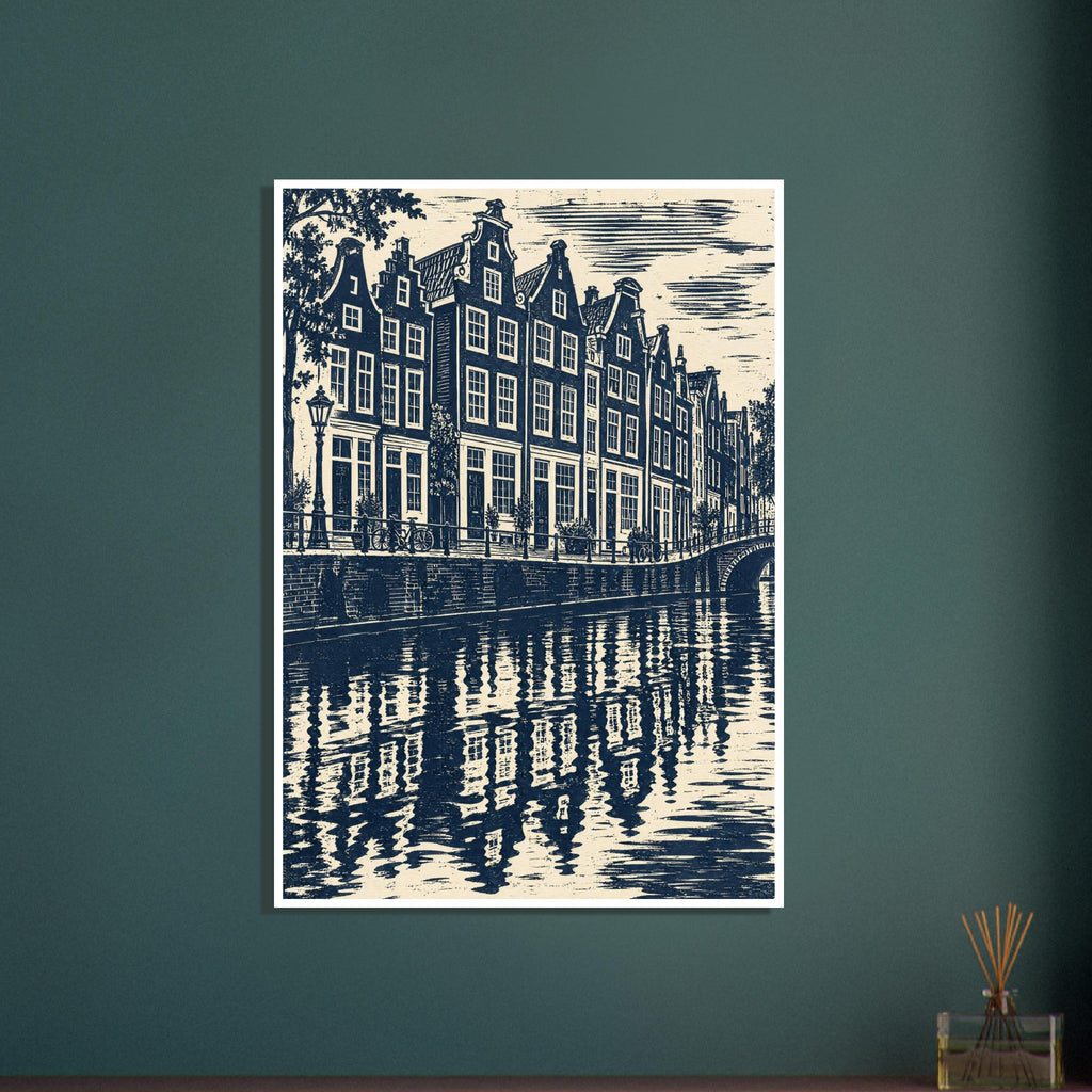 Gabled canal houses in navy and cream, with a street lamp, bicycles, an arched bridge and rippling reflections.