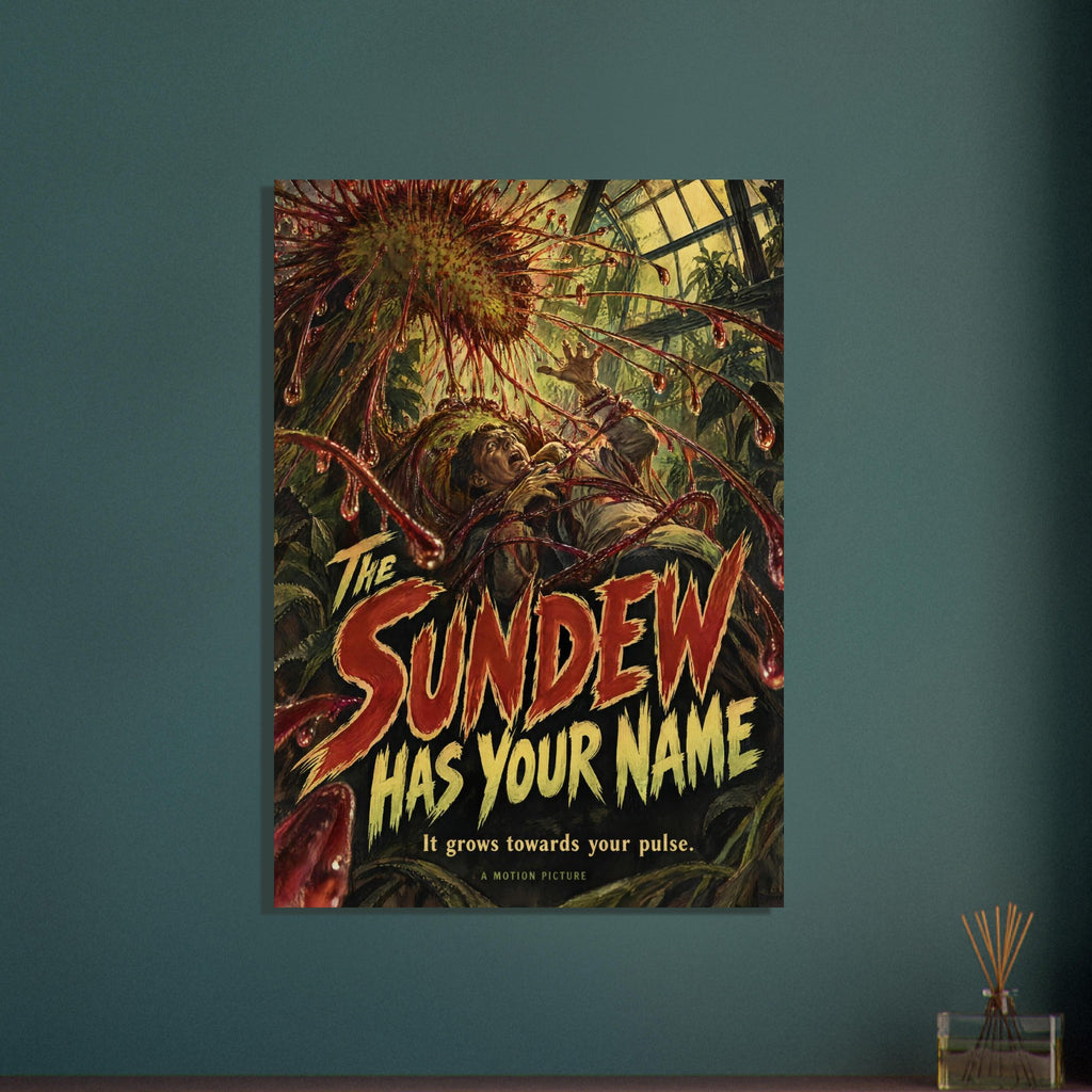 Giant sundew traps a terrified figure in red tendrils inside a greenhouse, above lettering reading The Sundew Has Your Name.