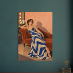 Stripes After Sunset shows a reclining woman in a cobalt-and-cream striped dress on a rust chaise against a peach wall.