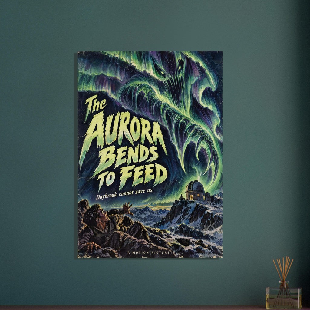 Green aurora monster looms over snowy mountains, an observatory and a reaching figure beneath bold horror poster lettering.