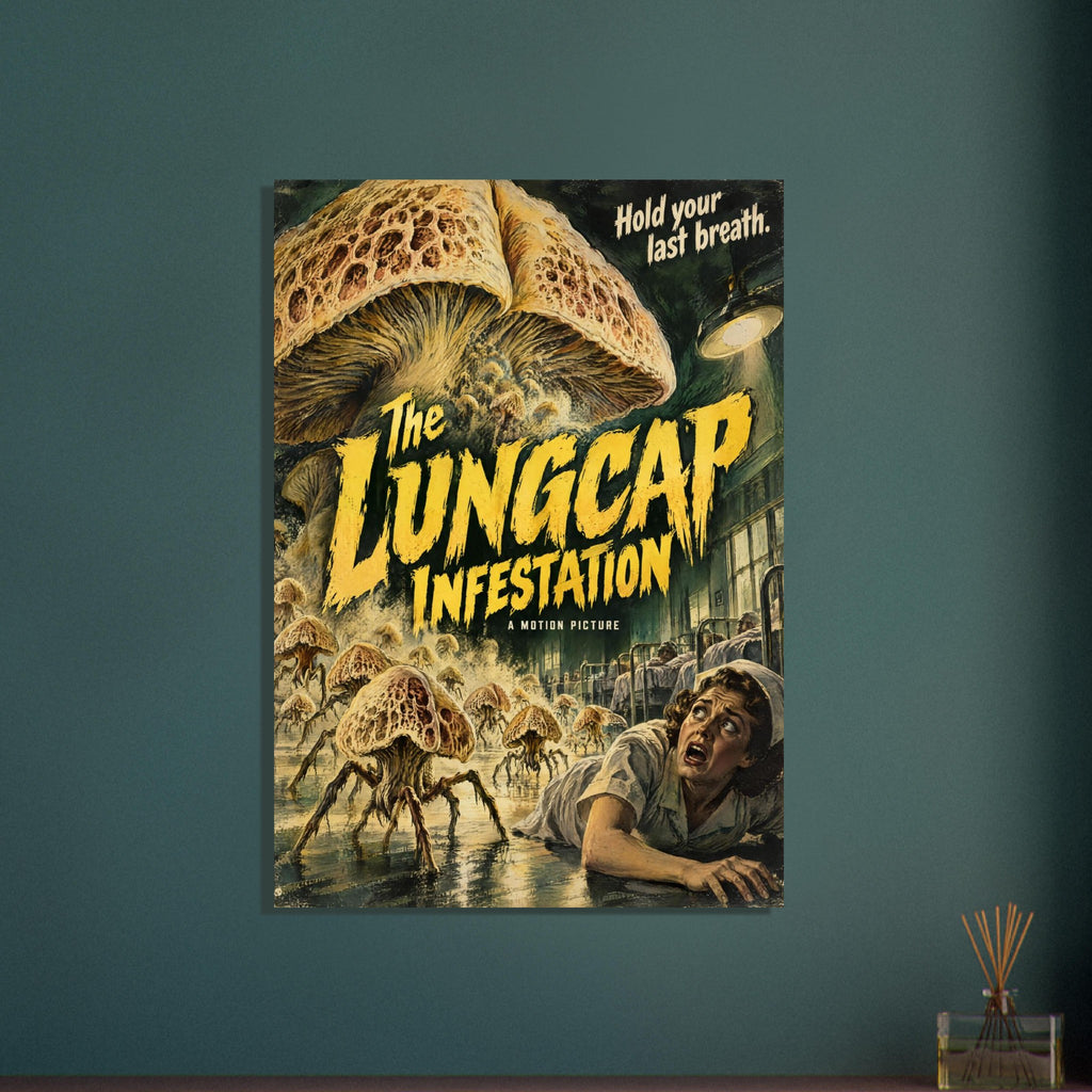 Giant mushroom monsters fill a hospital ward above a frightened figure, with yellow ‘The Lungcap Infestation’ lettering.
