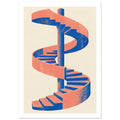 Spiral staircase in coral and cobalt blue winding around a central column on a cream background, with distressed texture.