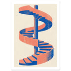 Spiral staircase in coral and cobalt blue winding around a central column on a cream background, with distressed texture.