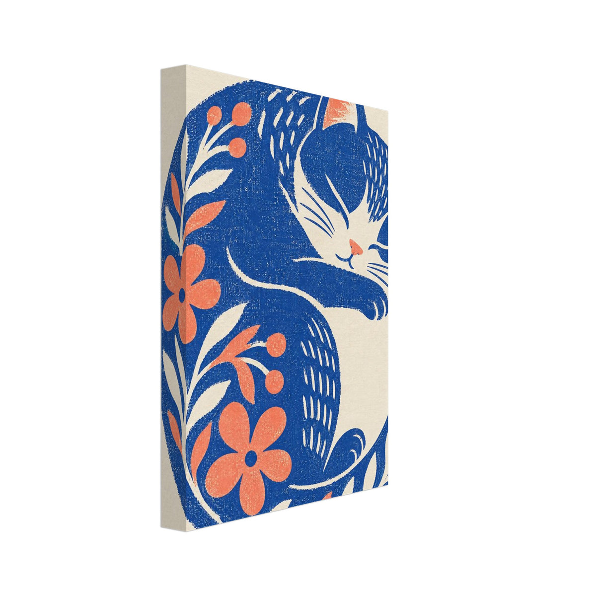 Blue sleeping cat curled into a crescent, decorated with coral flowers and leafy sprigs on a cream background.