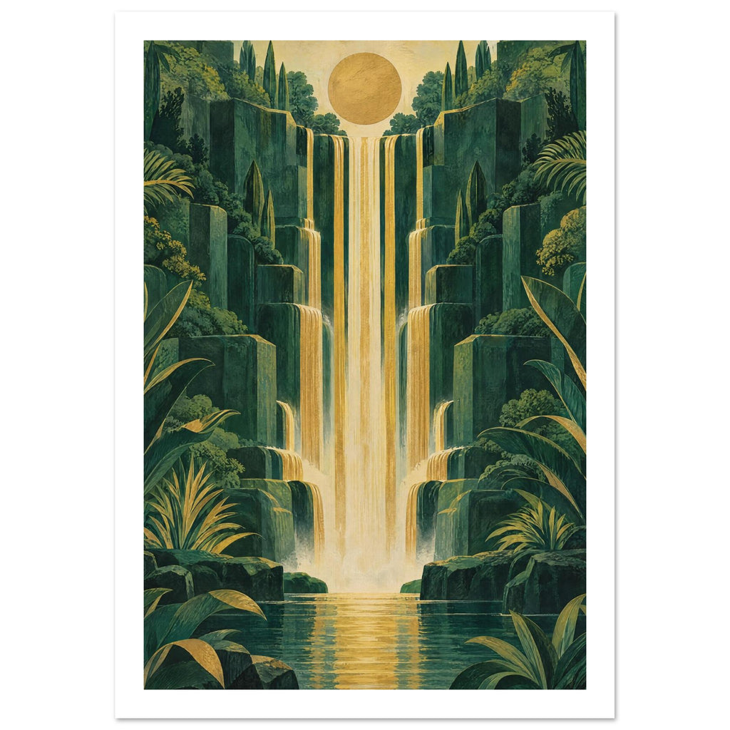 Golden waterfalls cascade down stepped green cliffs amid dense foliage, beneath a round sun and into a reflective pool.