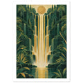 Golden waterfalls cascade down stepped green cliffs amid dense foliage, beneath a round sun and into a reflective pool.