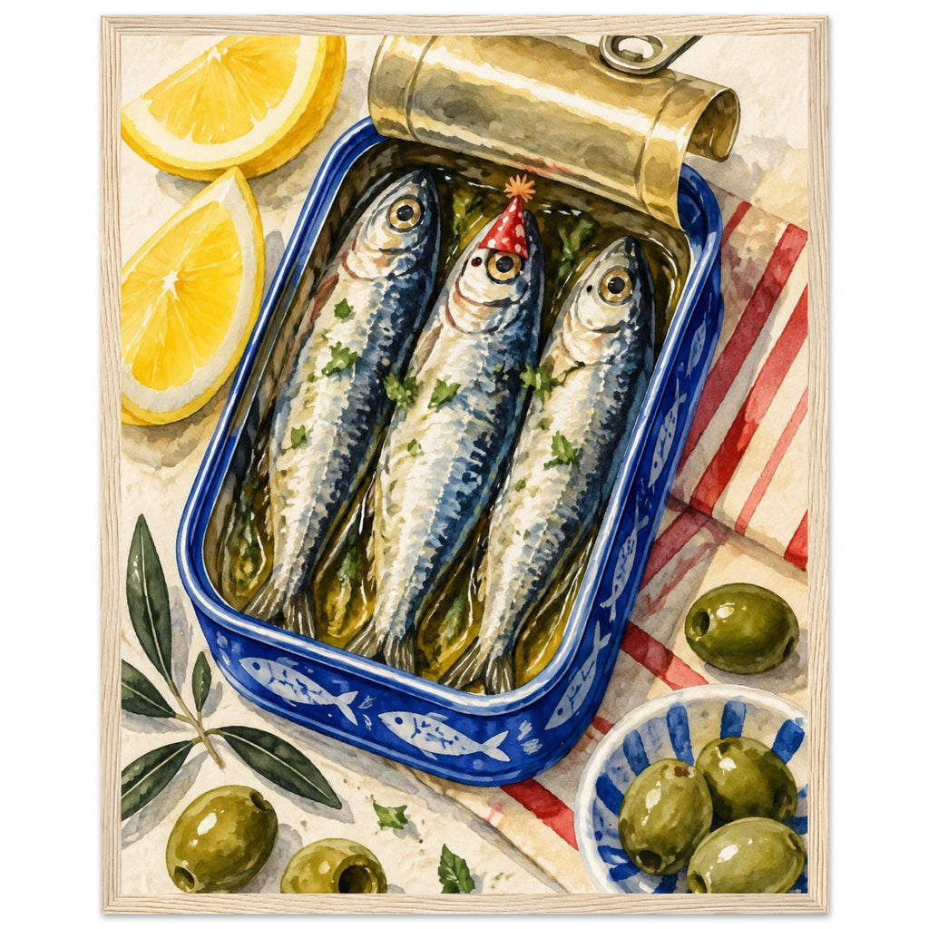 Three sardines in an open blue tin, one wearing a red party hat, surrounded by lemon wedges, olives and striped cloth.