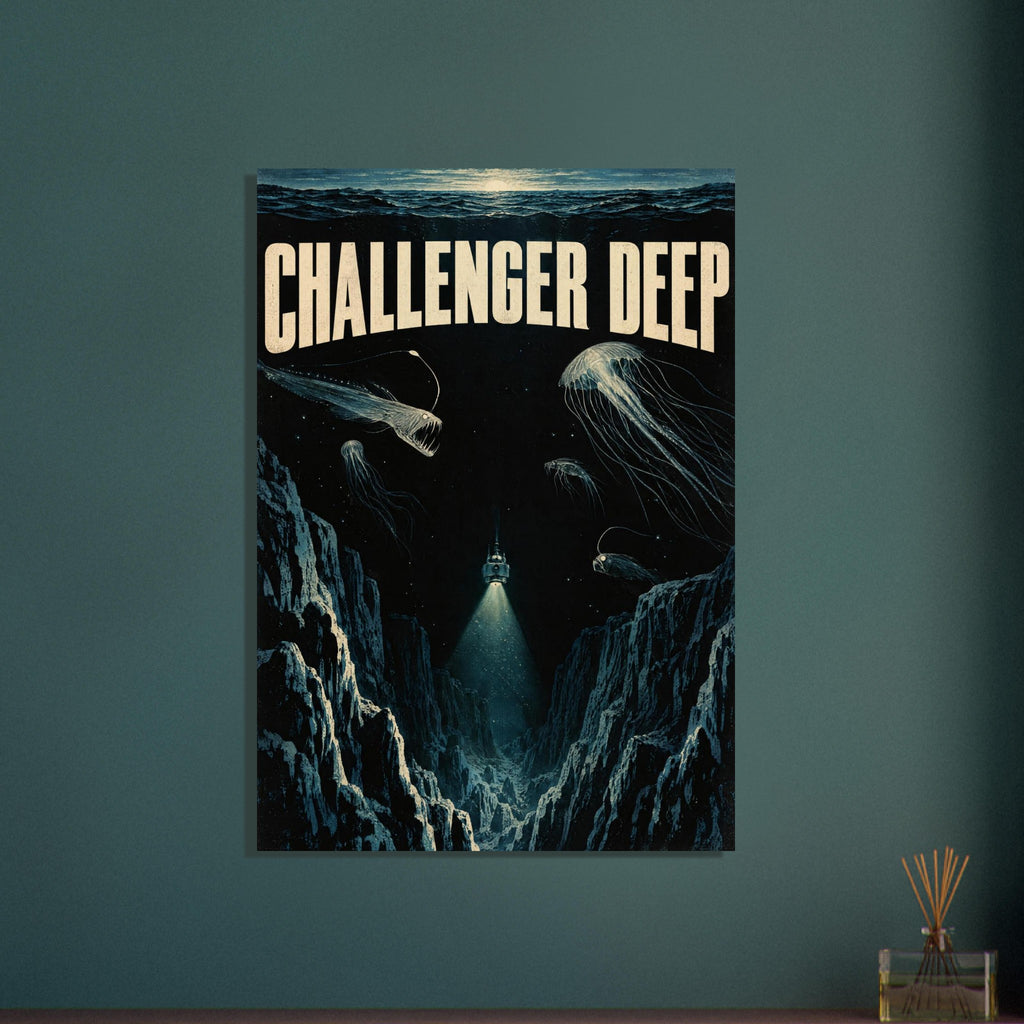 Challenger Deep lettering above jellyfish, sharp-toothed fish and a submersible shining a light into a dark ocean trench.