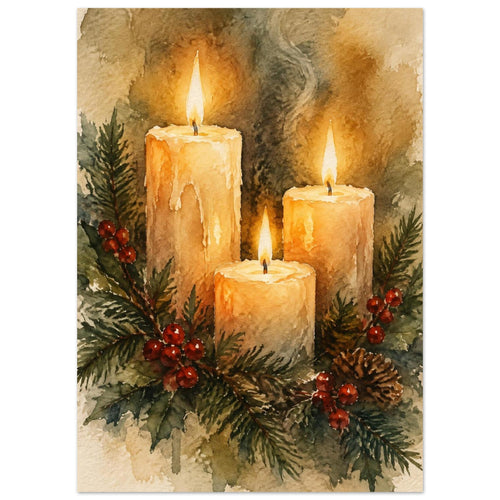Watercolour painting of three lit advent candles with spruce sprigs and red berries