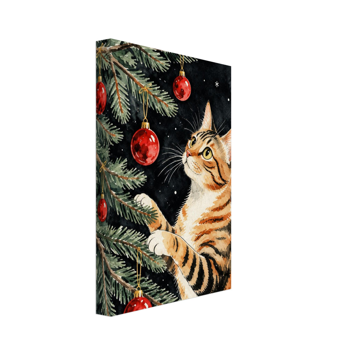 Striped orange cat reaching into evergreen branches with red Christmas baubles against a dark background with snowflakes.