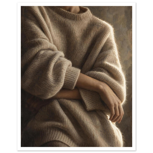 Cashmere and Quiet, a close crop of crossed forearms over a voluminous cream jumper, with warm taupe shadows and a softly lit