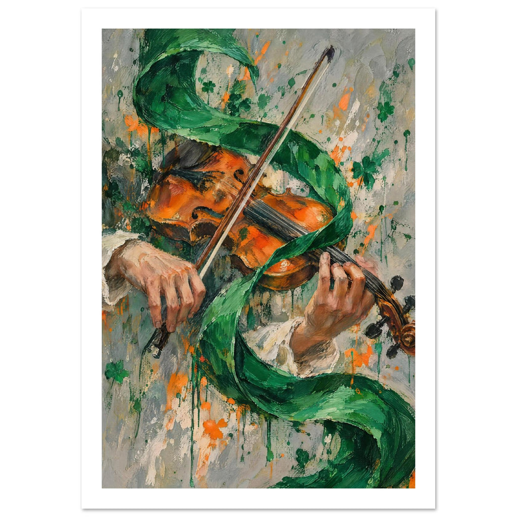 Violin played by two hands, with a diagonal bow and curling green ribbon against a grey, paint-splattered background.