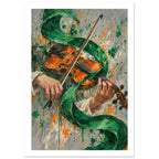 Violin played by two hands, with a diagonal bow and curling green ribbon against a grey, paint-splattered background.