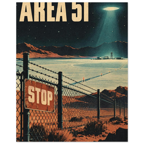 Area 51 poster with a glowing UFO above a desert, distant mountains, barbed-wire fence and a red STOP sign.