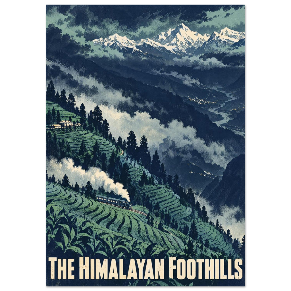 Steam train on green terraced hills beneath snowy mountains, with clouds and cream text reading ‘The Himalayan Foothills’.