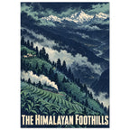 Steam train on green terraced hills beneath snowy mountains, with clouds and cream text reading ‘The Himalayan Foothills’.