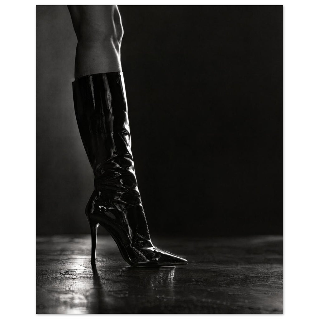 Black and white photograph of a leg in a glossy knee-high stiletto boot on a reflective floor against a dark backdrop.