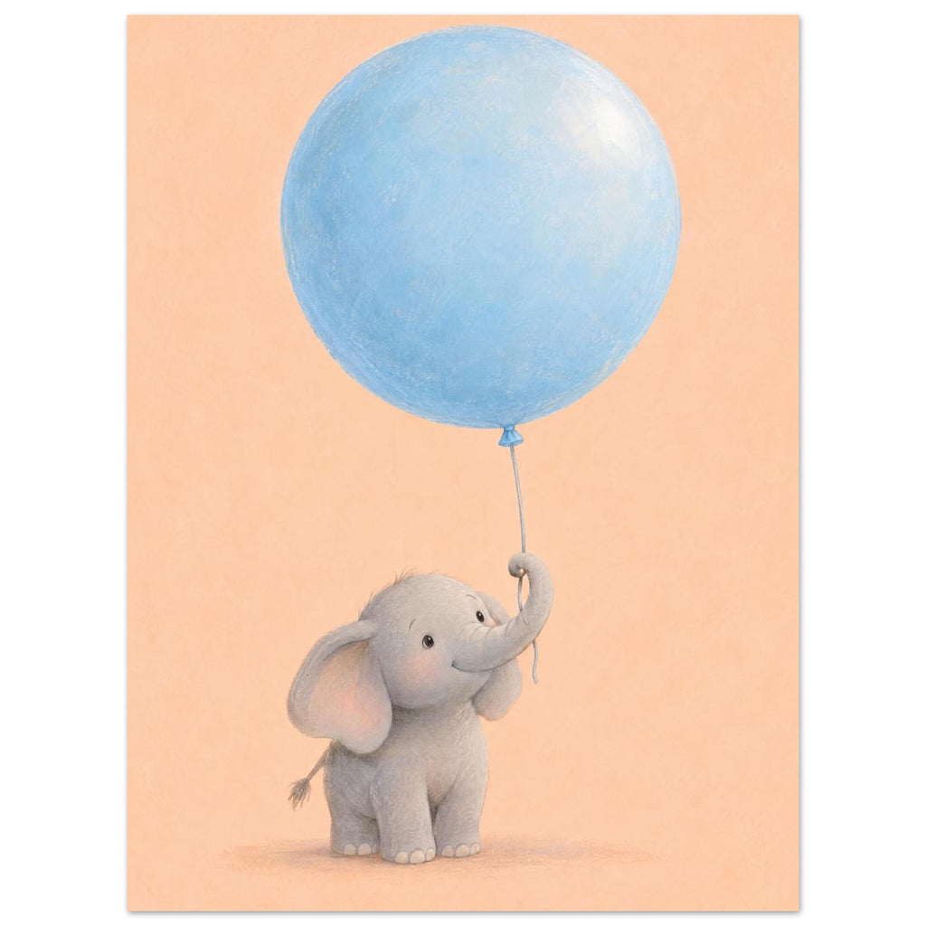 Smiling grey baby elephant holding an oversized pale blue balloon with its raised trunk against a peach background.