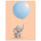 Smiling grey baby elephant holding an oversized pale blue balloon with its raised trunk against a peach background.
