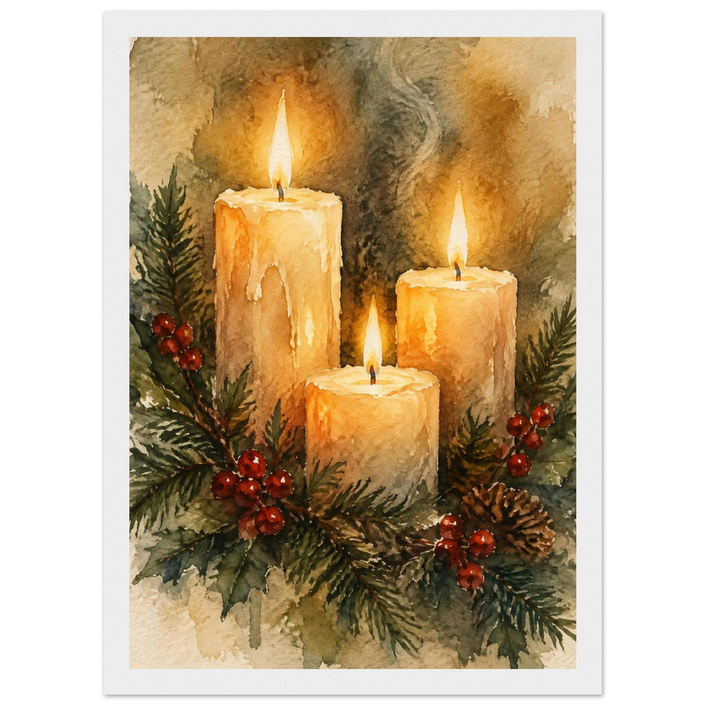 Watercolour painting of three lit advent candles with spruce sprigs and red berries