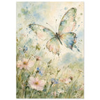 Pastel butterfly with spread wings above pink, blue and white wildflowers in soft green and blue watercolour washes.