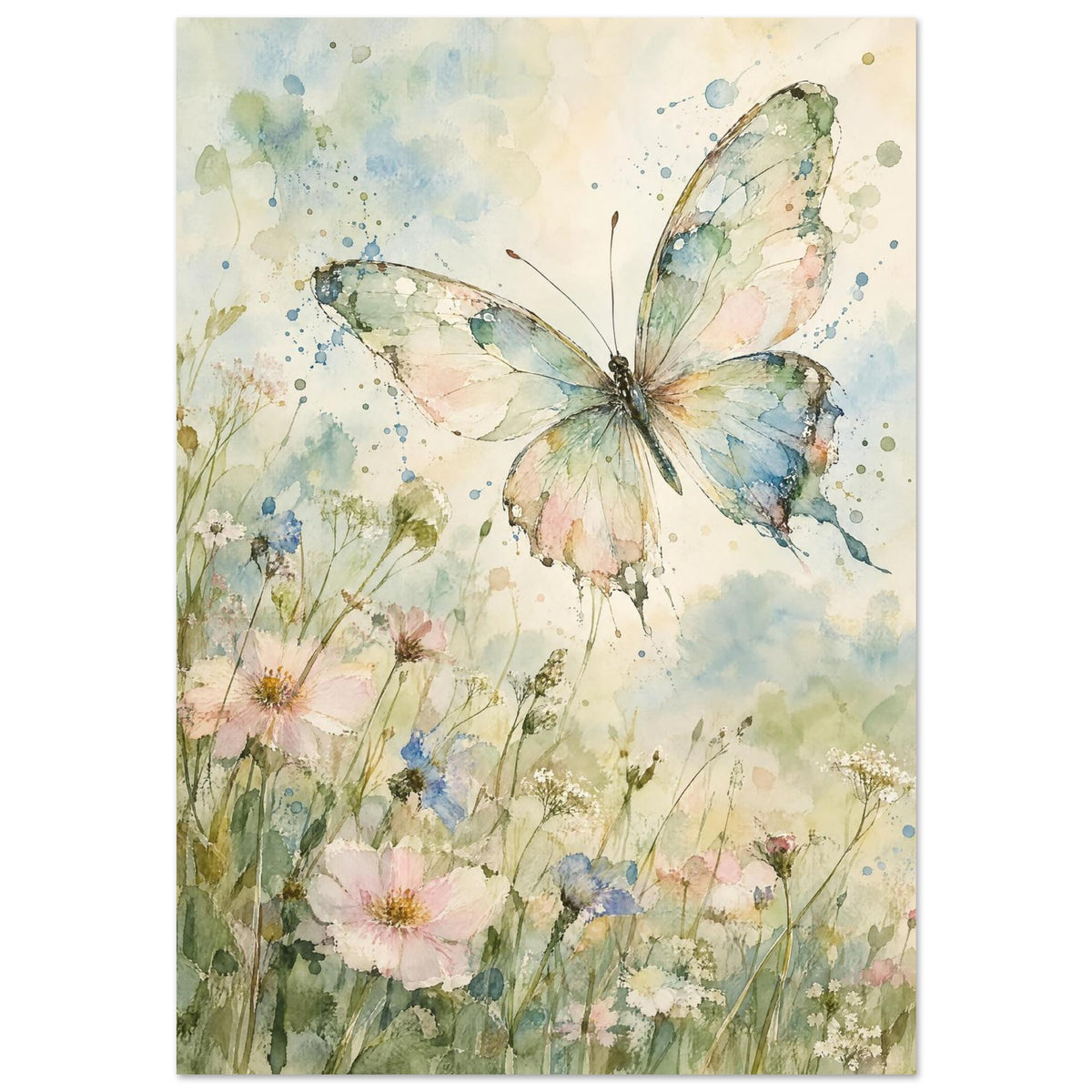 Pastel butterfly with spread wings above pink, blue and white wildflowers in soft green and blue watercolour washes.