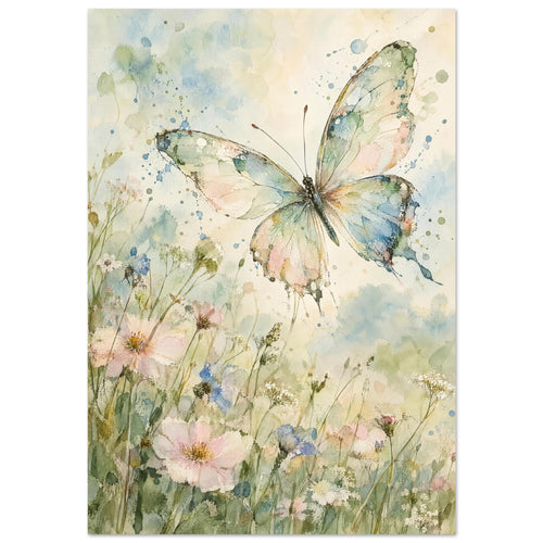 Pastel butterfly with spread wings above pink, blue and white wildflowers in soft green and blue watercolour washes.