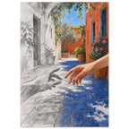Two hands reaching towards each other in an arched passage, half grey sketch and half colour with orange walls and blue pavin