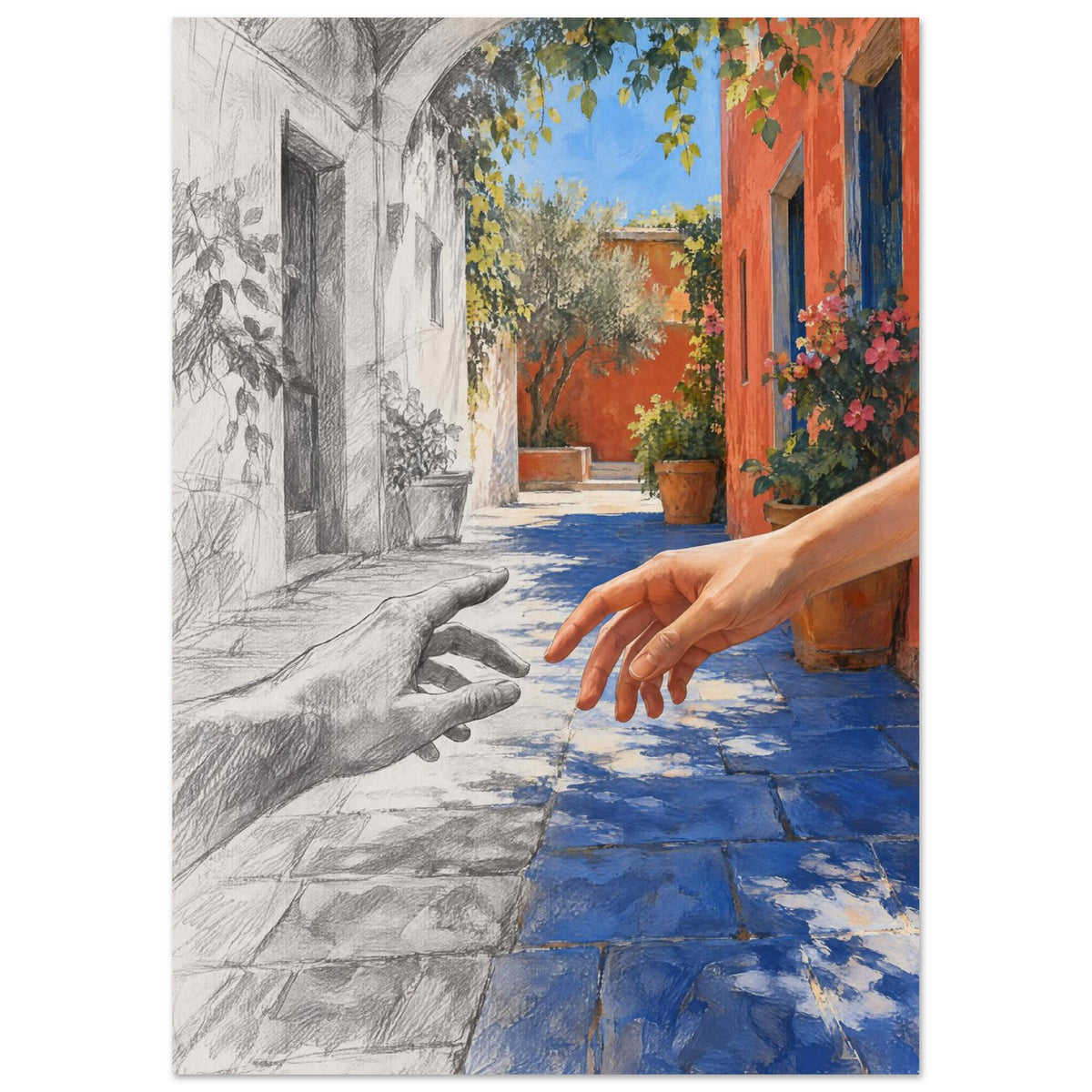 Two hands reaching towards each other in an arched passage, half grey sketch and half colour with orange walls and blue pavin