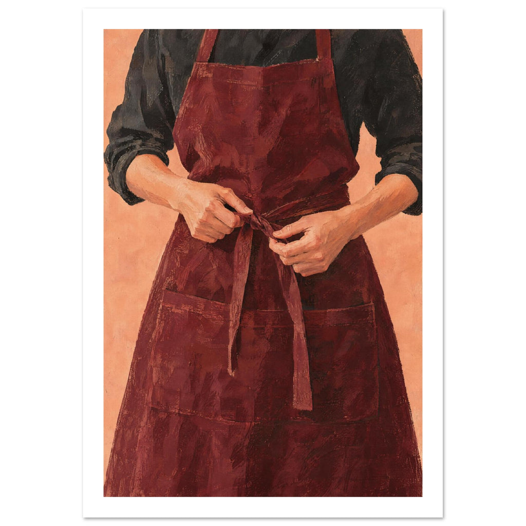 Hands tying a burgundy apron over a charcoal shirt, painted with textured brushwork against a peach background.