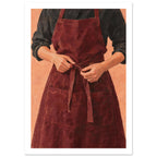 Hands tying a burgundy apron over a charcoal shirt, painted with textured brushwork against a peach background.