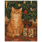 The Cat Who Waited shows a ginger cat beside an unopened present beneath low Christmas tree branches, with thick green painte