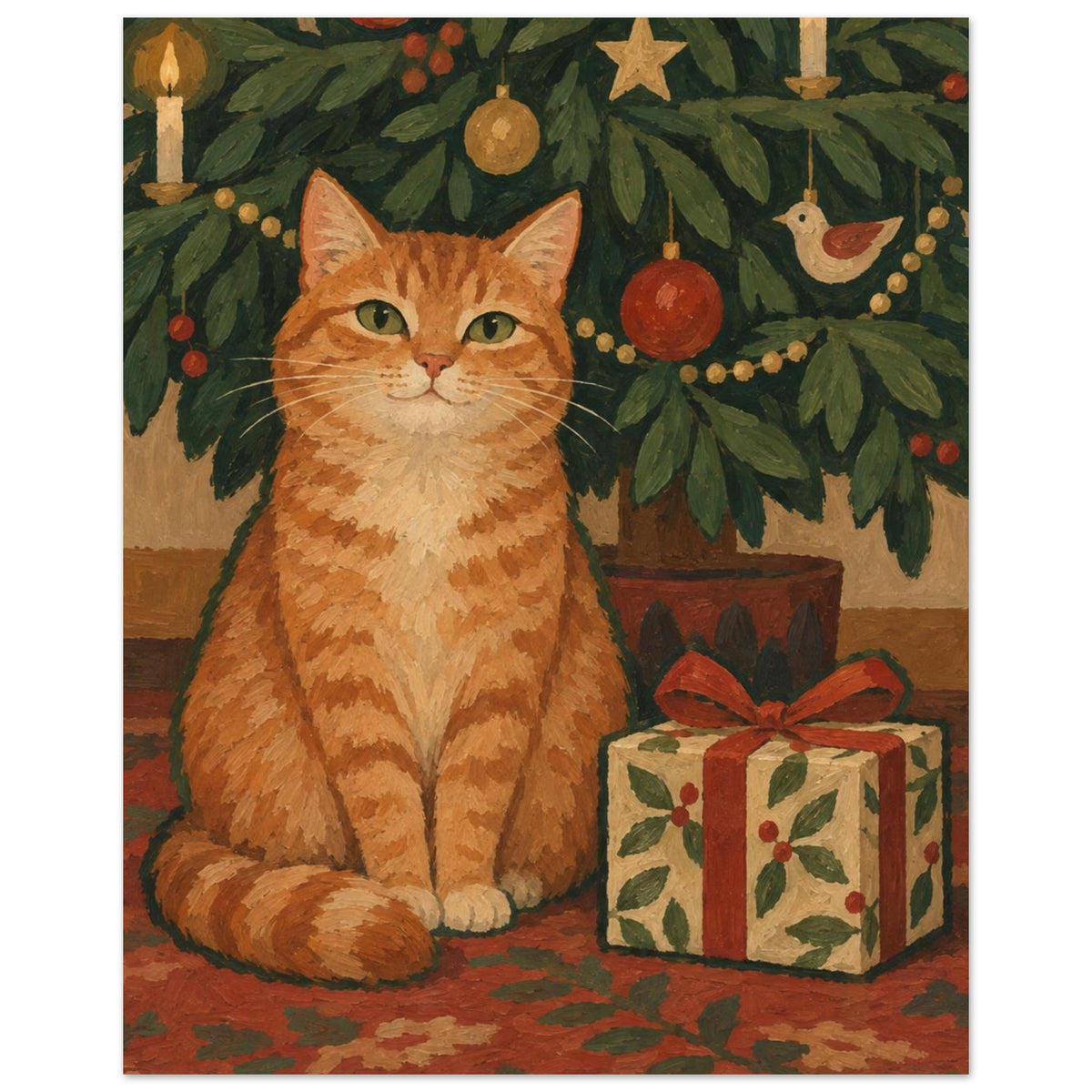 The Cat Who Waited shows a ginger cat beside an unopened present beneath low Christmas tree branches, with thick green painte