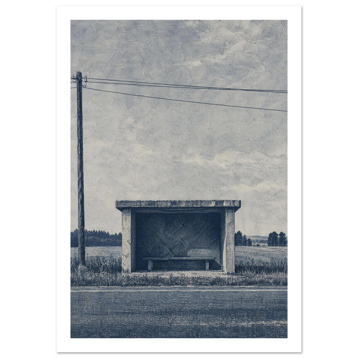 Rural bus shelter with an empty bench beside a road, open fields and a utility pole beneath a textured blue-grey sky.